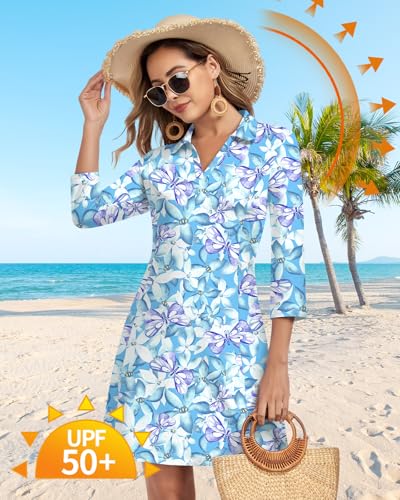 Image of WOWENY 3 /4 Sleeve Dress for Women with Pockets V Neck UPF 50+ Casual Sun Dress Breathable Quick Dry Beach Vacation