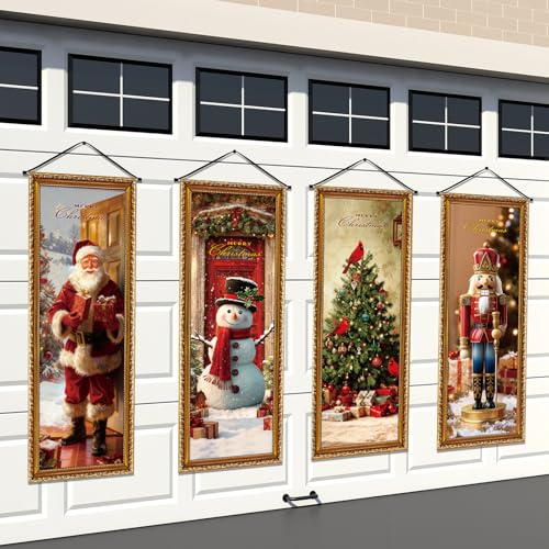 Image of Panelee 4 Pcs Christmas Porch Banners Snowman Santa Nutcracker Xmas Tree Stretching Portraits Wall Decorations Christmas Porch Sign Backdrop for Xmas Indoor Outdoor Wall Hanging Decor