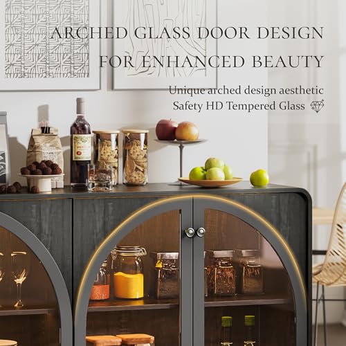 Image of Sideboard Buffet Cabinet with Storage, 68 inch Black Credenza Accent Cabinet Buffet Table w /4 Arched Glass Doors & LED Light, Modern Coffee Bar Liquor Cabinet w /2 Shelves for Kitchen Entryway
