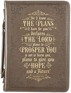 Christian Art Gifts Men's Classic Bible Cover for I Know The Plans Jeremiah 29:11, Brown/Gold Faux Leather, Medium