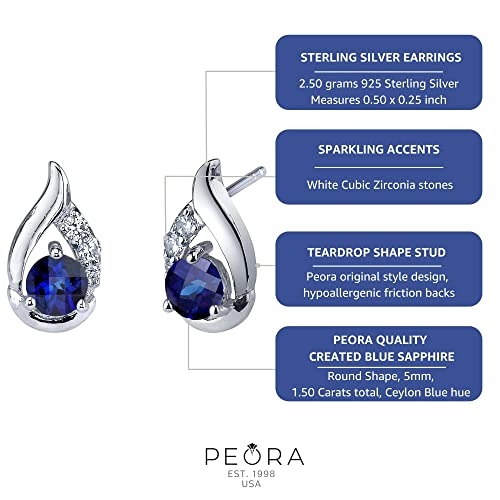 Peora Created Blue Sapphire Earrings 925 Sterling Silver, Radiant Teardrop Studs, 1.50 Carats Total Round Shape 5mm, Friction Back, Blue Earrings, September Birthstone Gift4