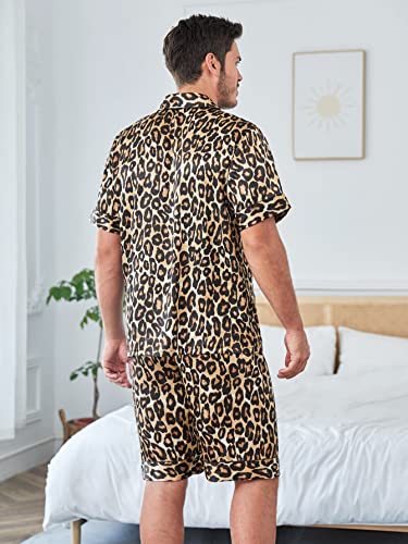 OYOANGLE Men's 2 Piece Leopard Print Stain Short Sleeve Button Front Shirt and Shorts Pajama Set3