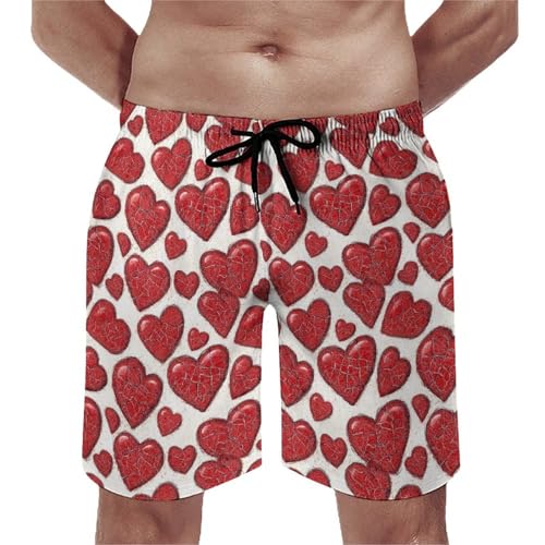 Hawaiian Shorts for Men - Comfy Red Love Heart Print Mens Swim Trunks Bathing Suits with Mesh Lining
