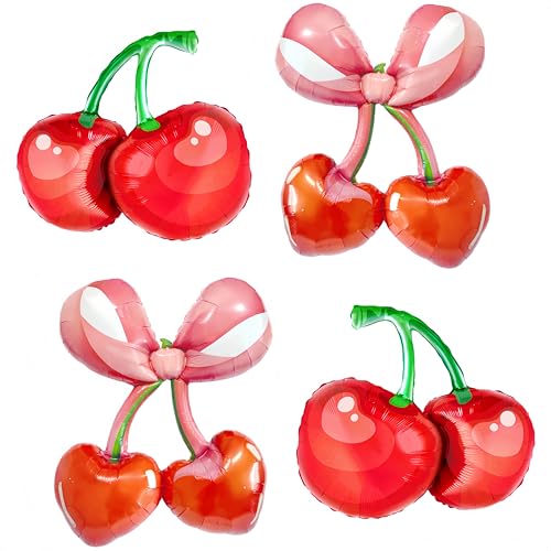 4Pcs Cherry Balloons for Shes The Cherry On Top Party/Cherry Birthday Decorations for Girls/Summer Fruit Party Decorations/Berry Cherry Cake Toppers for Fruit Girls/Summer Fruit Foil Balloons