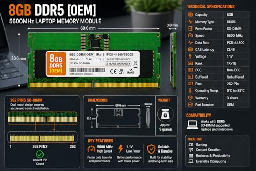 Image of 8GB DDR5 5600MHz OEM Laptop RAM Compatible with Micron [Key Specs: PC5-44800 /5600B | 262-Pin SO-DIMM | CL46 | 1Rx16 | 1.1V | Non-ECC] | 3 Years Seller Warranty