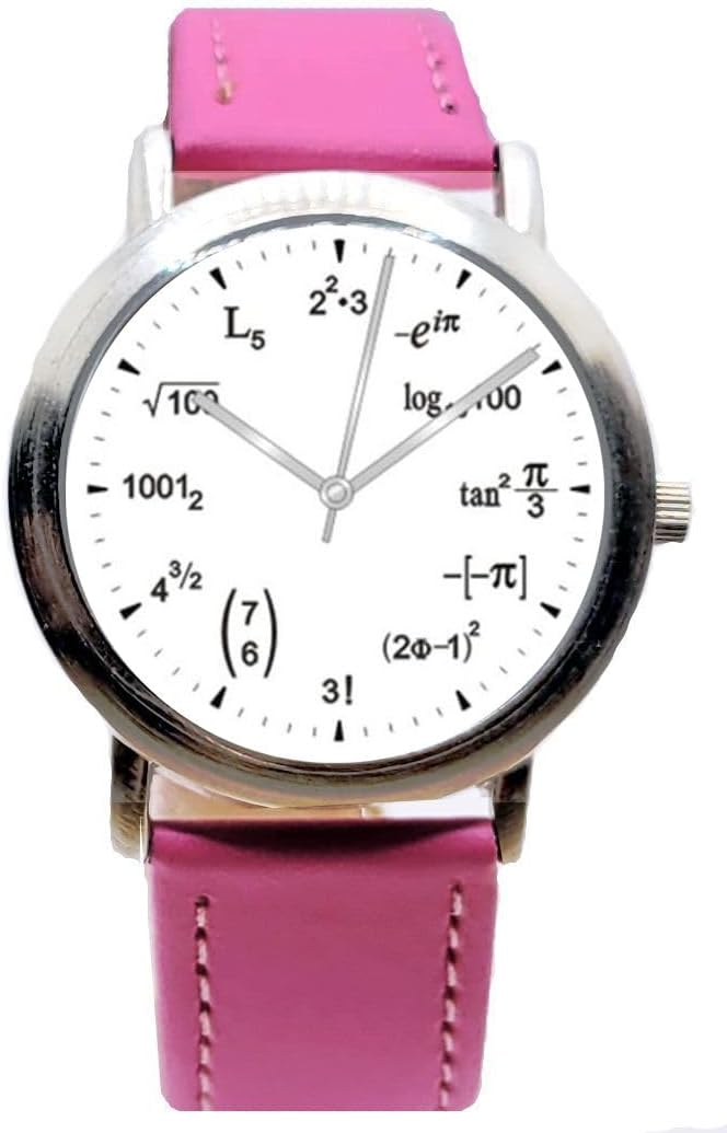 Math Dial Watch Shows Math Equations on The Unisex Brushed Chrome Watch with Pink Leather Strap