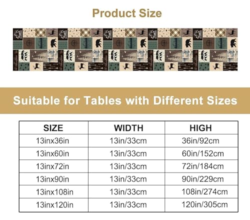 Image of Country Rustic Farmhouse Deer Table Runner Tabletop Cover Vintage Cabin Bear Mountain Hunting Wild Animal Plaid Checkered Printed for Kitchen Dining Room 13x36 Inch