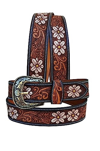 Western Belt Genuine Leather Cowgirl Belt Floral Tooled Leather Belt With Removeable Buckle 30AB1022