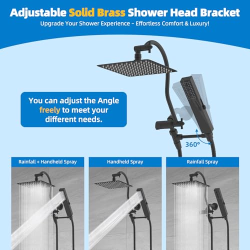 Hibbent All Metal cUPC Certified Shower Head, 8'' High Pressure Rainfall Showerhead Combo, Handheld Shower Wand, 12'' Adjustable Extension Arm, 4-Spray, 71'' Hose, Brass Shower Holder, Matte Black - image 5