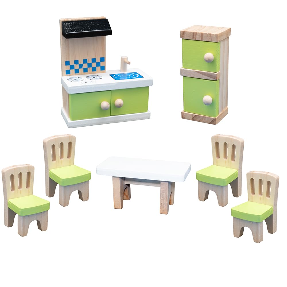 howa Casa delle bambole pieghevole in legno 7016, include 30 mobili, 4 bambole e cane, con 4 stanze, balcone, giardino, scale, casa delle bambole, naturale, beige