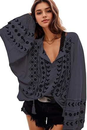 Kedera Womens Boho Embroidered Tops Floral Babydoll Tops Long Sleeve V Neck Peasant Blouses Mexican Shirt