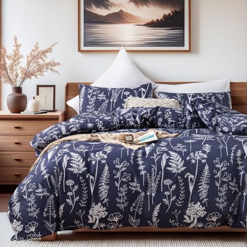 JANZAA Queen Comforter Set Navy Blue Comforter Floral Bedding Sets 3 Pieces Flowers Bed Comforter 1 Soft Reversible Cute Botanical with 2 Pillow Shams