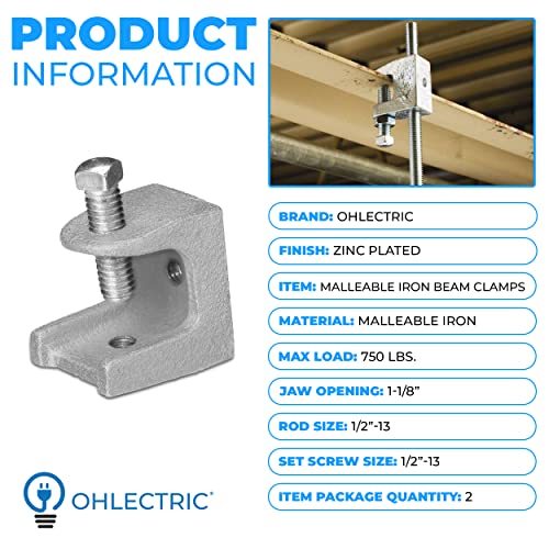 Image of OHLECTRIC 2 Pack - Malleable Iron Rod Support Beam Clamp - Zinc Plated for Corrosion Resistance - 1-1 /8 inch Jaw Opening - Supports 2 /16-18 Set Screws & 1 /2 inch-3 Rods - Up to 750 lbs Load Capacity