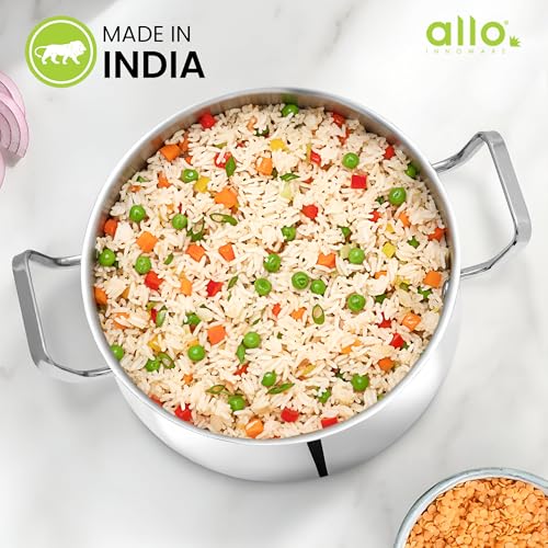 Image of Allo Triply Stainless Steel Casserole /Biryani Handi Pot | Perfect Saucepot Saute Induction Friendly Naturally Non-Stick | 10 Years Warranty, 16cm, 2.6 litres with Glass Lid