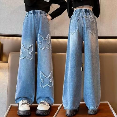 Girls Cute Butterfly Patchwork 𝐑aw Jeans Baggy Wide Leg High Waist Pants Straight Leg Denim Trousers with Pokets2