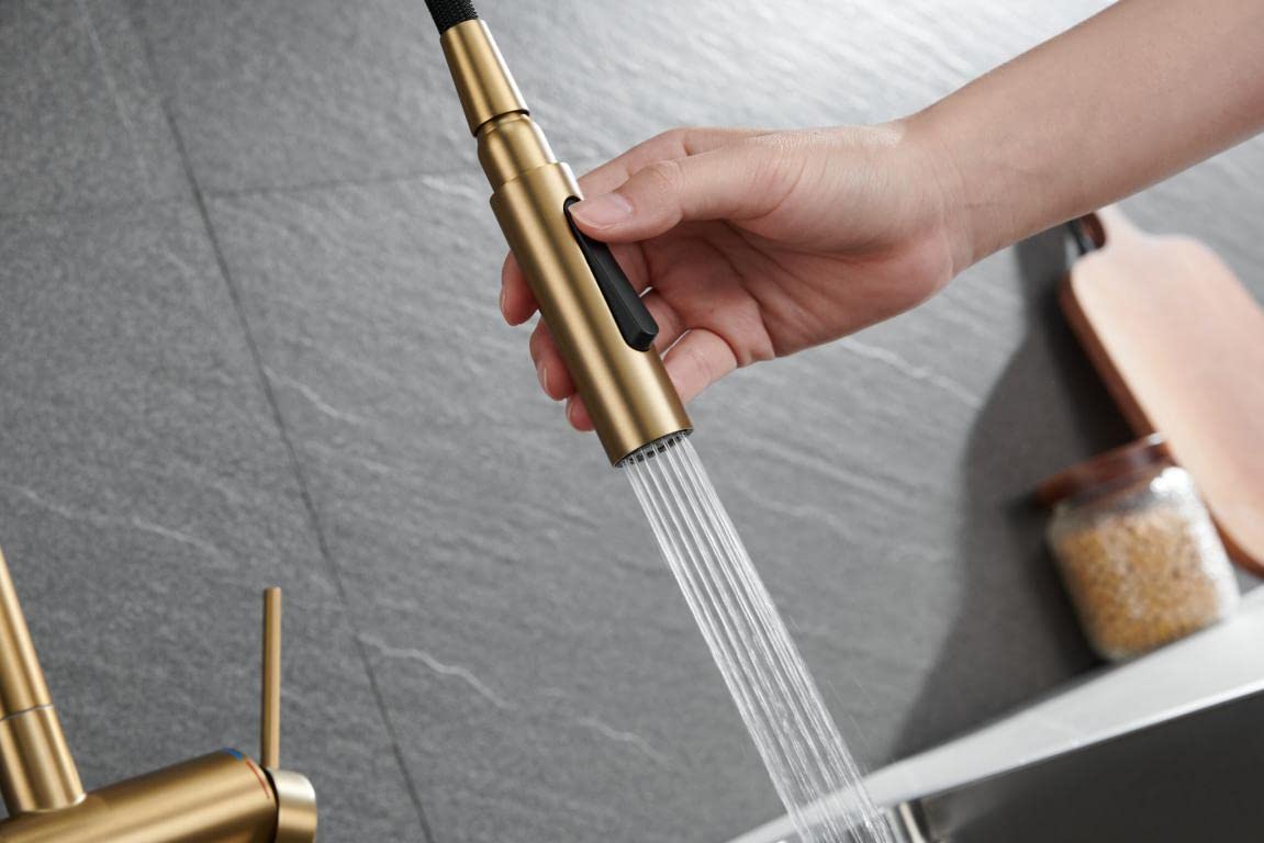 MICE/IMEX - Grifería de cocina monomando extraíble - Grifo monomando de fregadero con sistema ahorro energético - Mezclador agua fria/caliente - Caño Giratorio a 360° - Oro Cepillado
