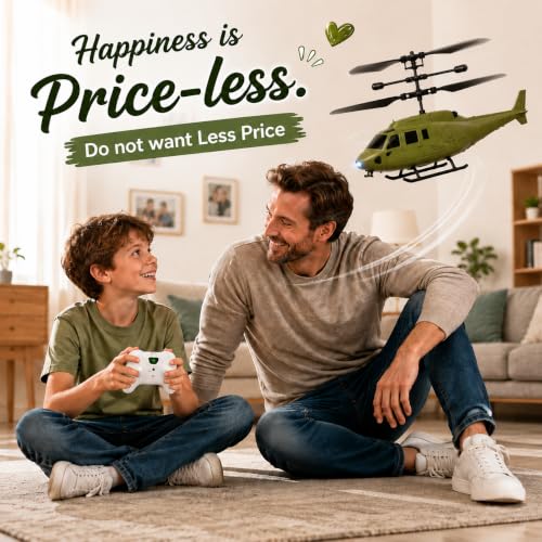 Image of Unique Design RC Helicopter for Kids with Safety Sensor & Gravity Sensor | LED Light | Rechargeable Flying Toy | Indoor & Outdoor Flying | Up & Down Movement | Remote Battery Not Included (Army Green)