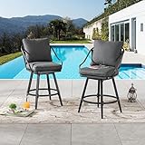 Festival Depot 2 Pcs Outdoor Swivel Bar Height Stools Patio Dining Armchair with Wicker Back Metal Frame Removable Cushion for Bistro Bar Indoor Home Counter Garden Pool (Grey)