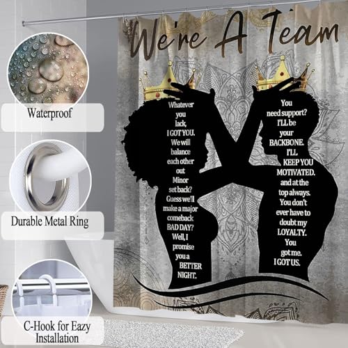 4 Pcs Black King Queen Shower Curtain Set, Inspirational Quotes Black Man Women Bathroom Decor Sets with Shower Curtain and Rugs Toilet Lid Cover Bath Mat, Romantic Waterproof Fabric Shower Curtains