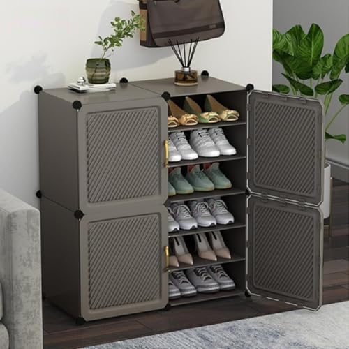 Image of LUVHOMEE Plastic Shoe Rack for Home with Door, 4-Door Shoe Storage Cabinet | 12-Shelfs for 24 Pairs | Waterproof & Portable DIY Shoe Slipper & Chappal Stand for Entryway /Bedroom (Grey-HS)