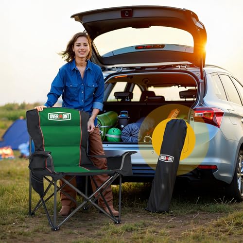 OVERMONT Übergroßer Klappbar Camping Stuhl - bis 204KG Belastbar - Faltstuhl Gepolstert mit Getränkehalter Kühltasche hoher Rückenlehne für Garten Balkon Strand Angeln