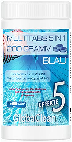 GlobaClean Chlor Multitabs 5 in 1-200g Chlortabletten für Pool - 1kg Blau - 5-Phasen Wirkung für sichere und saubere Poolpflege - Made in Europe - für kristallklares und hygienisches Poolwasser