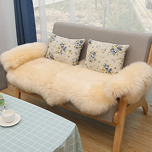 HUAHOO Premium Genuine Sheepskin Rug Beige Real Australia Sheepskin Natural Luxury Fluffy Lambskin Fur Area Rug Seat Covers for Kids Bedroom Sofa Chair Cover Pets Dogs Mat Double Pelt/2' x 6' Beige