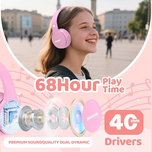 Image of MIDOLA Kids Headphones Bluetooth 5.4 Wireless 68H Play Time Volume Limit 85 /94dB Over-Ear Foldable Headset,Type-C Fast Charging,with Wired Aux Mic for Toddler Child Pad Tablet Pink