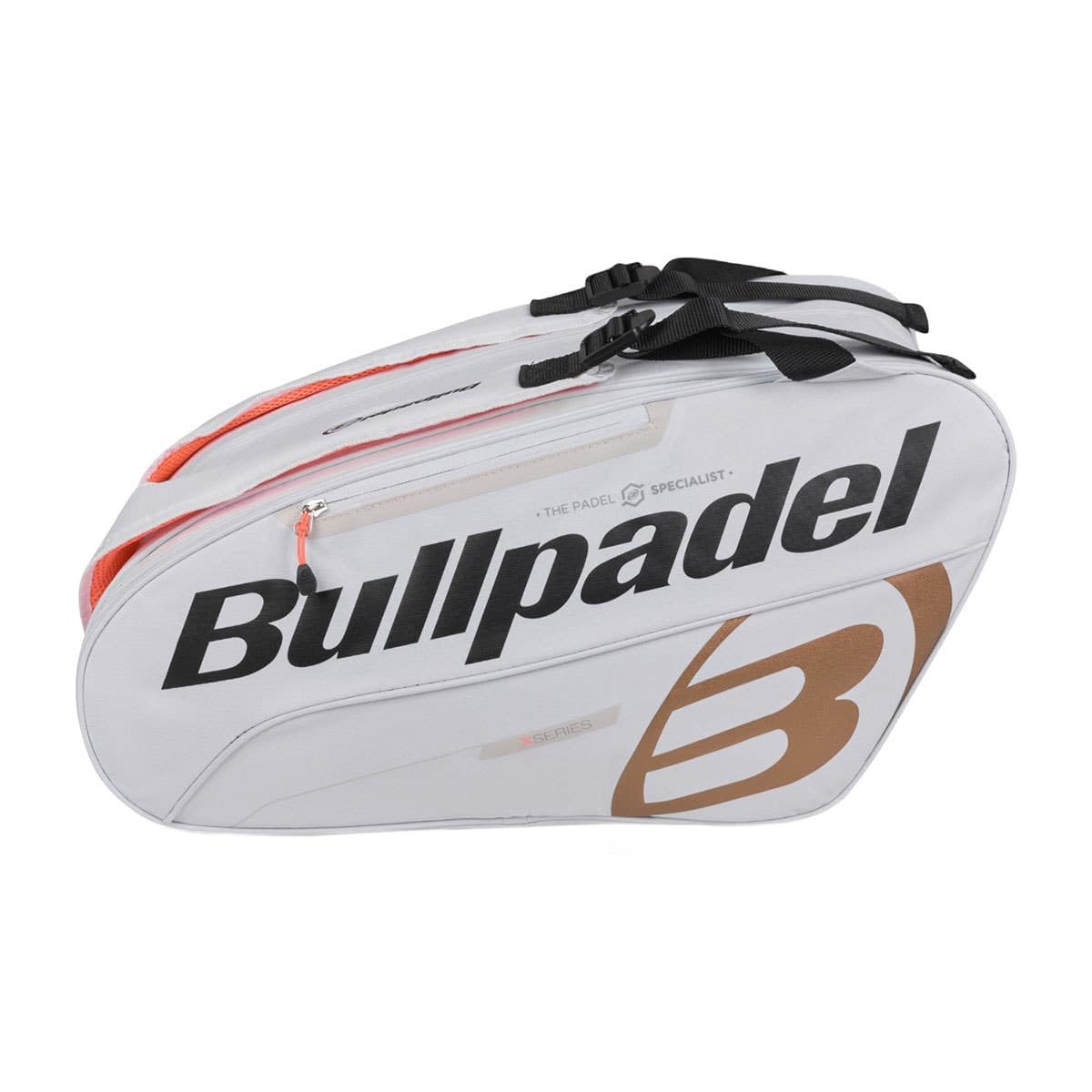 Bullpadel - Tour Blanc padel bag, with details in black and orange, with pockets for rackets, compartment for clothes or equipment and auxiliary pockets, padded and hand handles for