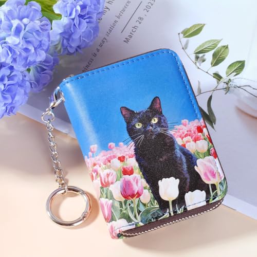 Image of FurArt Zipper Wallet Women, RFID Blocking Credit Card Wallet, Business Card Holder, Compact Size KeyChain Wallet, Tulips and Cat, small