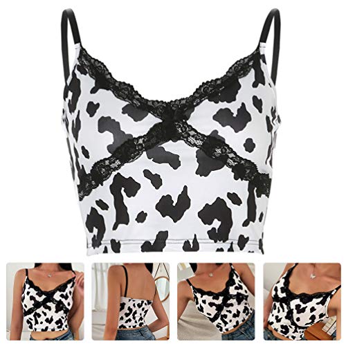 ABOOFAN Top Feminino de Renda Crop Top Animal Vaca Estampado Mangas Cami Top Encosto Com Alça Espagu