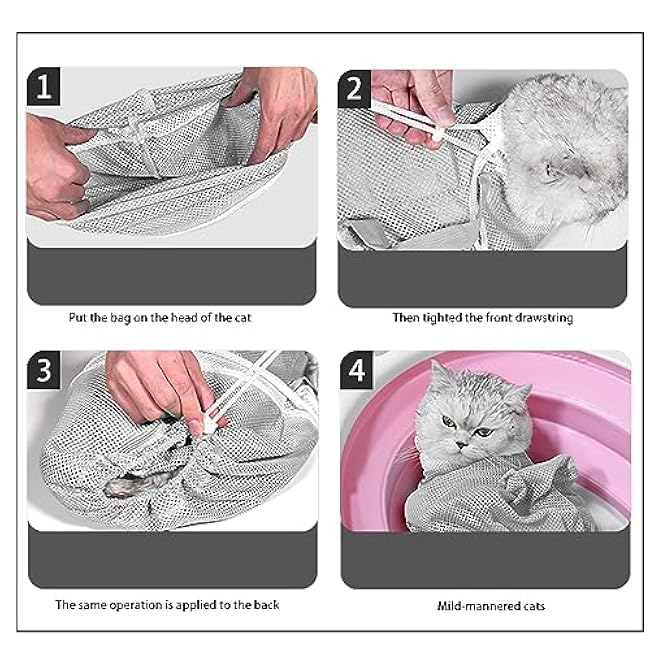 Adjustable Multifunctional Anti-Bite Shower Net, Cat Grooming Mesh Bag, Bath Brush and Pet Finger Toothbrush - B-Grey-5gNW0W9B
