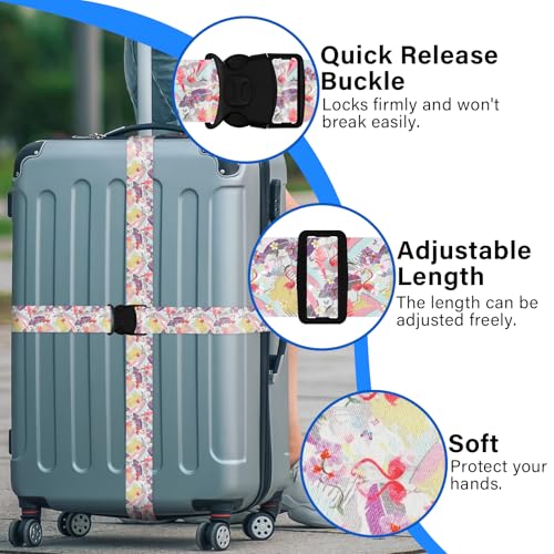 Image of Luggage Straps for Suitcases, Travel Adjustable Belt with Quick Release Buckle, Heavy Duty Nylon Bag Packing Strap, Unique Bright Identifiers Business Travel Accessories (2 Pack) - Flamingo