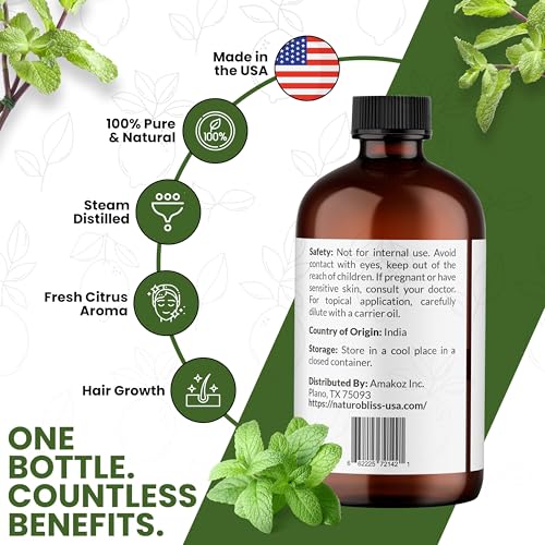 Image of NaturoBliss Peppermint Essential Oil, 100% Pure and Natural Therapeutic Grade, Premium Quality Peppermint Oil, 4 fl. Oz - Perfect for Aromatherapy and Relaxation