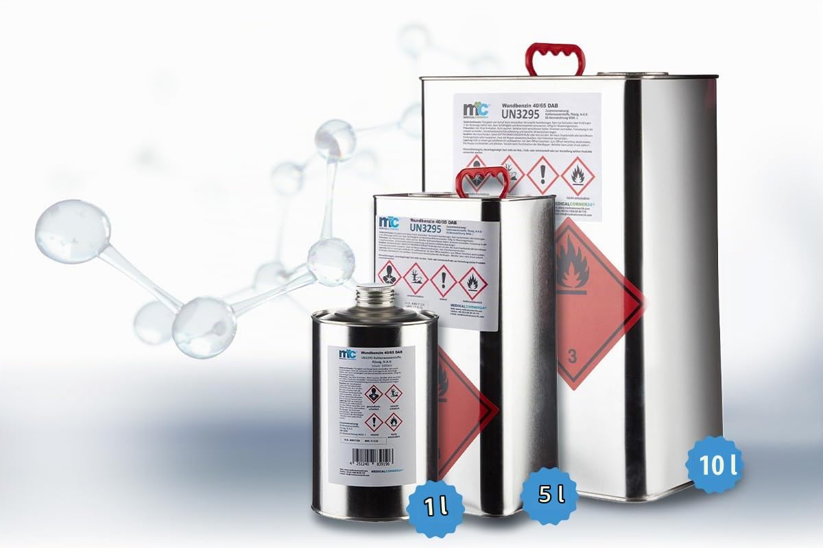 Medicalcorner24 Wundbenzin 40/65, Reinigungsbenzin, Leichtbenzin, UN3295, flüssiges Lösungsmittel, 10 L
