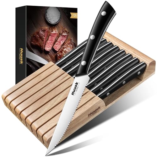 Image of Huusk Steak Knives Set of 8 with Block, Sharp Serrated Steak Knives