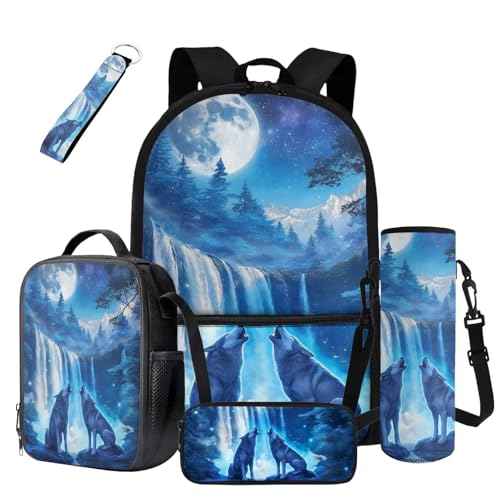 Moon Wolf Bookbag for Boys with Lunch Box 6-8 8-12 Kids Backpack Set Lightweight 17 Inch Bookbag with Front Pocket for Elementary Middle School Bags Large Capacity Back Pack for Teens