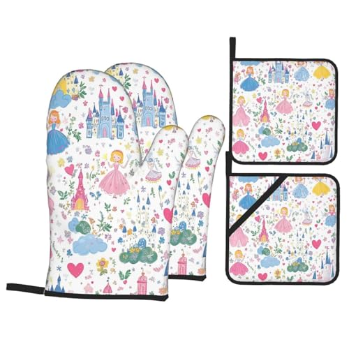 Cute Princess - Juego de 4 manoplas de horno y soportes para ollas, resistentes al calor, guantes de horno y almohadillas calientes para hornear, cocinar, barbacoa, parrilla