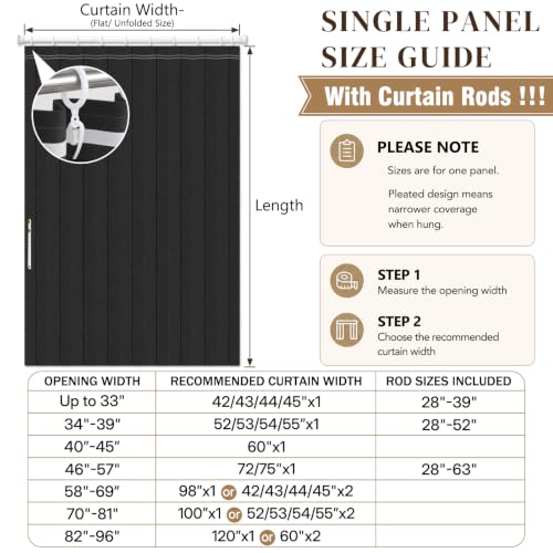Image of AJAZZ Blackout Magnetic Door Curtain with Curtain Rods Adjustable 28-52 inch Long Pleated Door Curtain Folding Door Invisible Applicable Bedroom Room Living Room Doorway (1 Pack, 54 W x 78 L, Black)