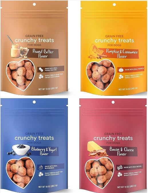 Grain Free Crunchy Dog Treats Variety Pack - Peanut Butter, Blueberry Yogurt, Bacon Cheese, Pumpkin Cinnamon - Low Calorie Dog Biscuits for All Breeds, No Wheat Corn Soy (4 Pack)