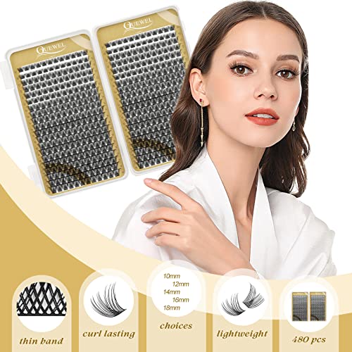 Cluster Lashes 480 Pcs QUEWEL Individual Lashes MIX10-18 D Curl DIY Lash Extensions Thin Band Lash-Clusters Eyelashes-Individual Volume False-Eyelashes Soft & Light For Home Use(Natural D MIX10-18) - Image 3