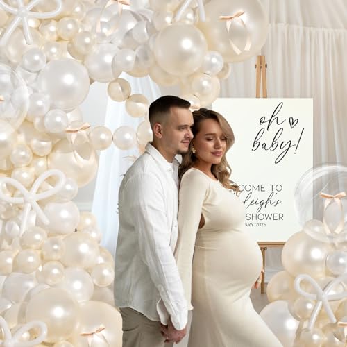 Image of Pearl White Balloon Arch Kit,JOGAMS 178Pcs Bow Balloon Arch Kit with 260 Clear Balloons Beige Ribbon Bow for Coquette Bow Theme Birthday Wedding Baby Shower Bachelorette Bridal Shower