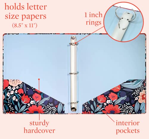 Steel Mill & Co Cute Decorative Hardcover 3 Ring Binder For Letter Size Paper, 1 Inch Round Rings, Colorful Binder Organizer For School/Office, Folk Floral #TOP1