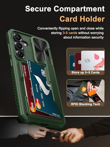 Image of Vihibii for Samsung Galaxy S25 Plus Case with Card Holder (4 Cards) [RFID Blocking] & Slide Camera Cover, Military Grade Drop Protection, Rugged Hard Back & Silicone Edge Wallet Case, 6.7 inch 2025, Green