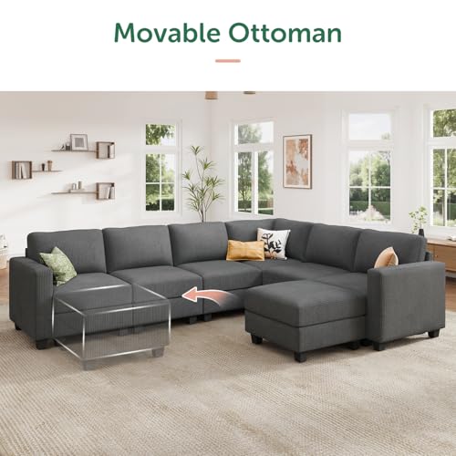 HONBAY Corduroy Sectional Couch with Storage U Shaped Sectional Sofa Modular Sectional Couches for Living Room, Dark Gray