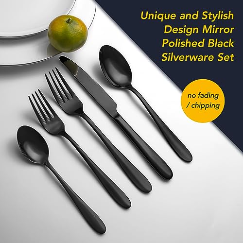 Image of 40 Piece Black Silverware Set Service for 8, EIUBUIE Premium Stainless Steel Black Cutlery Set, Mirror Polished Flatware Sets, Modern Kitchen Eating Utensils Sets Include Forks Spoons Knives