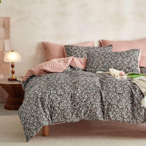 Image of Wake In Cloud - Floral Comforter Set, Cute Vintage Flower Cottagecore Aesthetic for Women Teen Girls, Soft Lightweight Dorm Bedding, 3 Pieces, Black, Queen Size