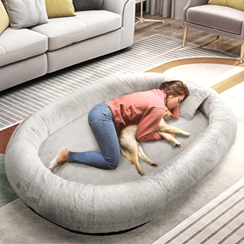 FURRYFECTION Cama para perros para personas, 180 x 114 x 35,6 cm, cama grande para perros de tamaño humano para adultos y mascotas, funda de piel sintética lavable, cama gigante para siesta con manta