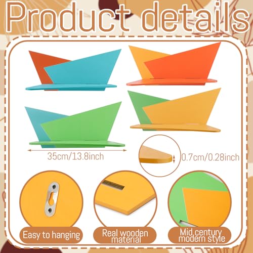 Image of Threehoney Mid-Century Modern Wall Set of 4 Colorful Floating Display Shelves Retro Style Starburst Wall Mounted Shelves Storage for Bedroom, Living Room Decor(Folding Geometry)