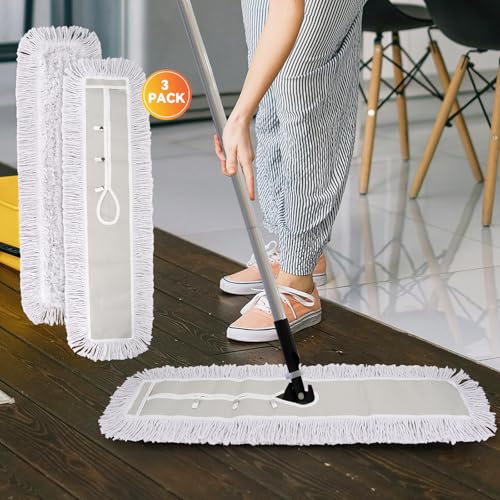 Image of 36 Inch Dust Mop Head: Replacement Medium Washable Commercial Mop Head Sweeper and Janitorial Replacement with Botton (White - 36 Inch, 3 Pack, Botton)